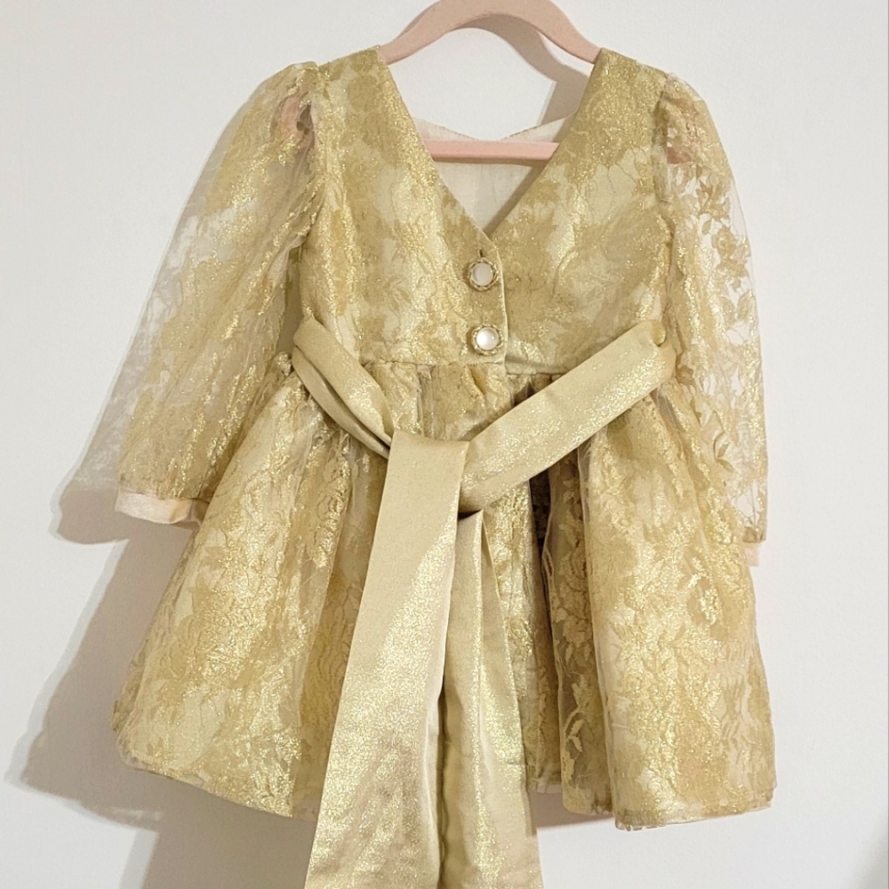 Elegant Gold Lace Dress with Bow